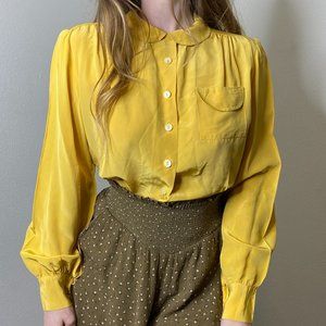 Vintage 1950s Mustard Yellow Button Down Peter Pan collared Blouse